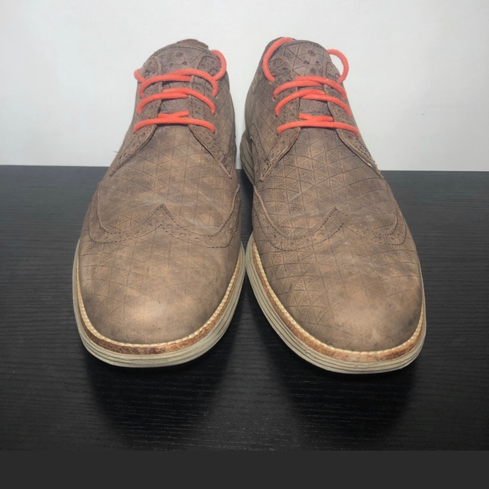 Cole Haan Mens Lunargrand Brown Suede Leather Wing Tip Shoes Orange Trim Size 13